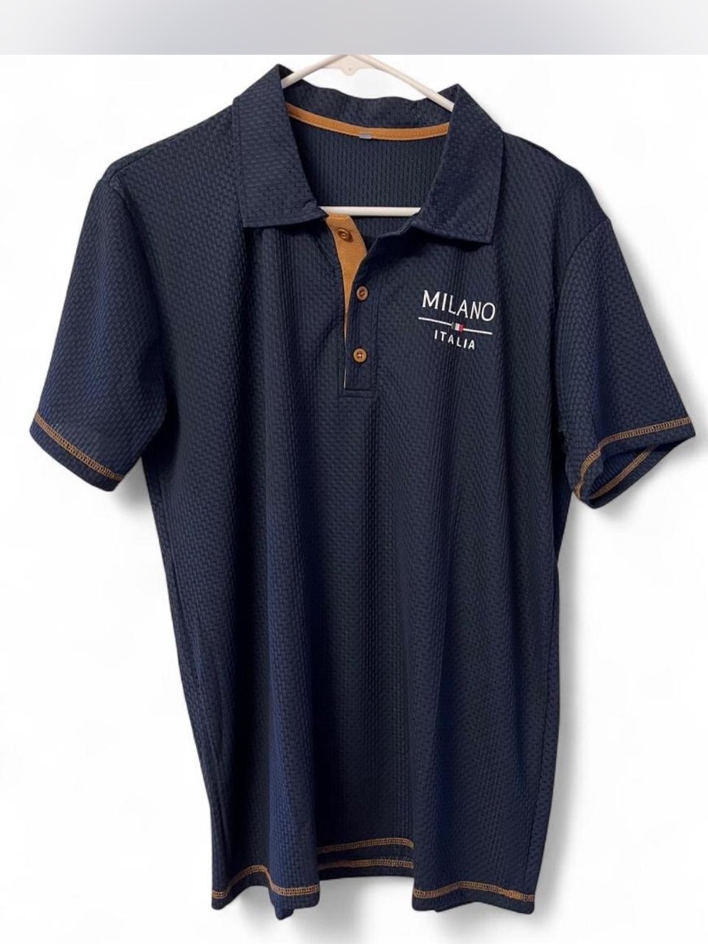 Men's Navy Semi-Sheer Polo Shirt with Tan Contrast Trim